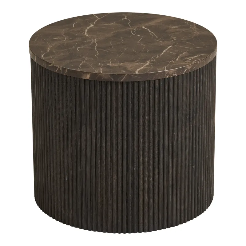 Rota Beistelltisch Marmoroptik Dunkelbraun Geriffelt Ø45x40 cm rund Runder Rota Beistelltisch in dunkelbrauner Marmoroptik mit geriffeltem Sockel. Modernes Design für Schweizer Wohnräume.