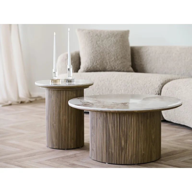 Beistelltisch Athen Keramik/Holz Weiss/Braun Ø45x50 cm rund