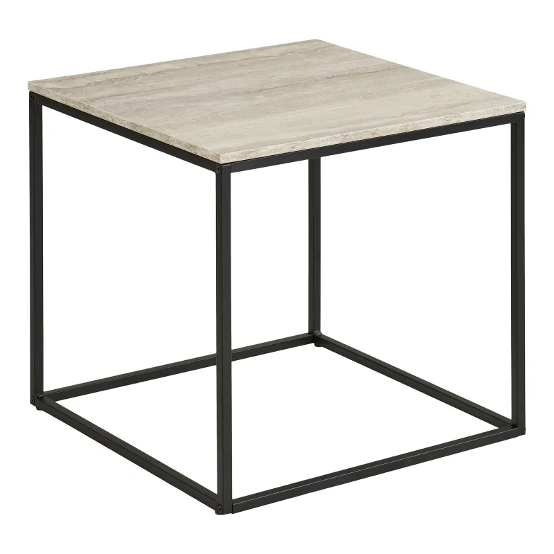 Vita Beistelltisch Travertinoptik Schwarz/Beige 45x45x45 cm Quadratischer Vita Beistelltisch, Travertinoptik-Platte, schwarzes Metallgestell, 45x45x45cm. Modern.