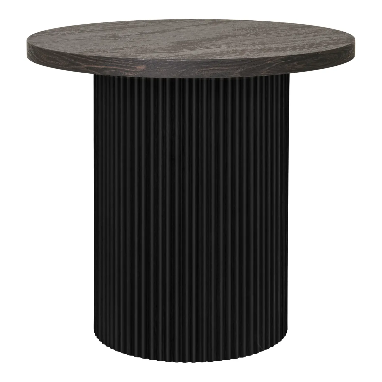 Runder Boavista Beistelltisch mit dunkelbrauner Platte und geriffeltem Sockel, Ø48x45cm. Modernes Design für Schweizer Heime