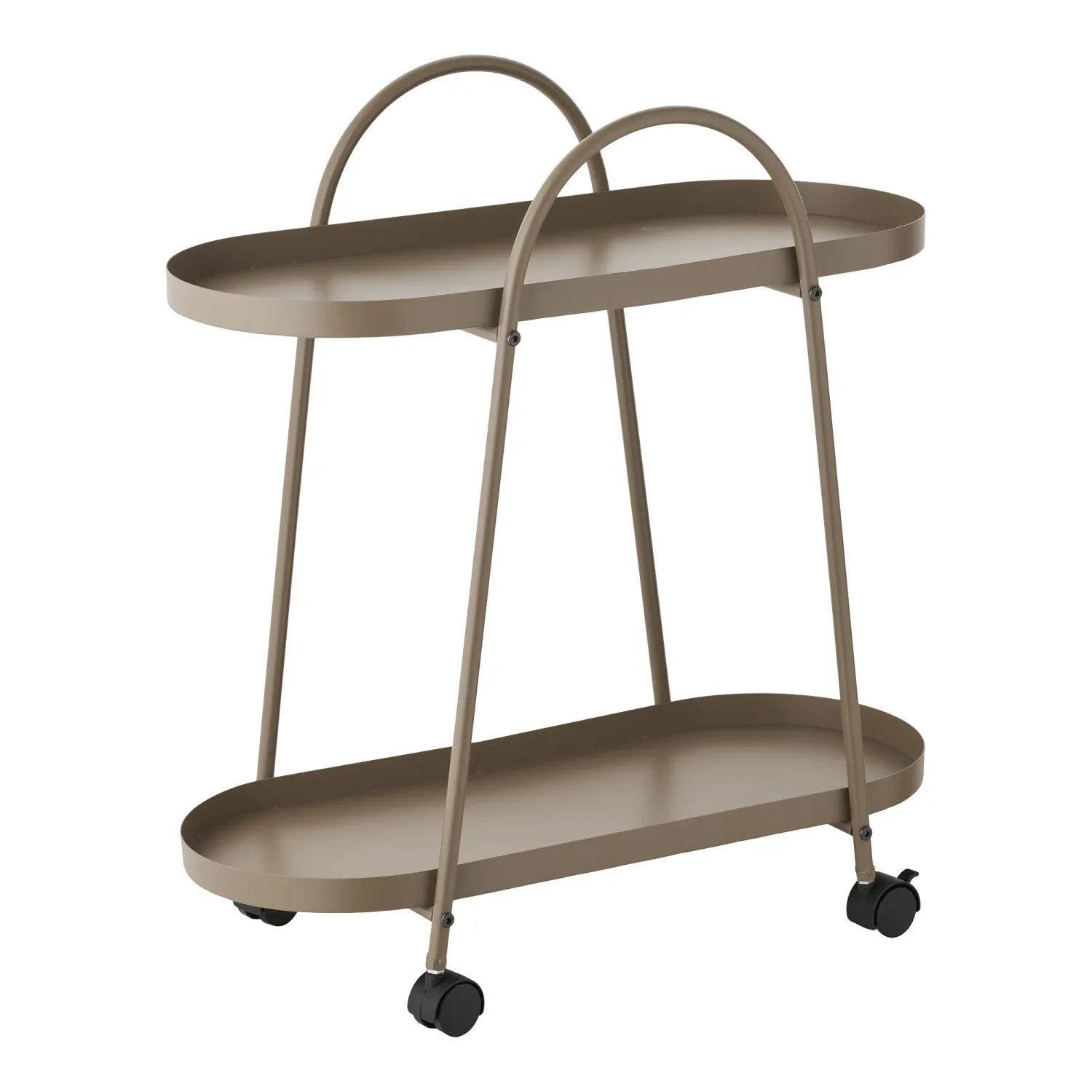 Brauner Empoli Barwagen aus Stahl mit 2 ovalen Ablagen und Rollen, 27,5x60x64cm. Praktisch für Schweizer Haushalte.