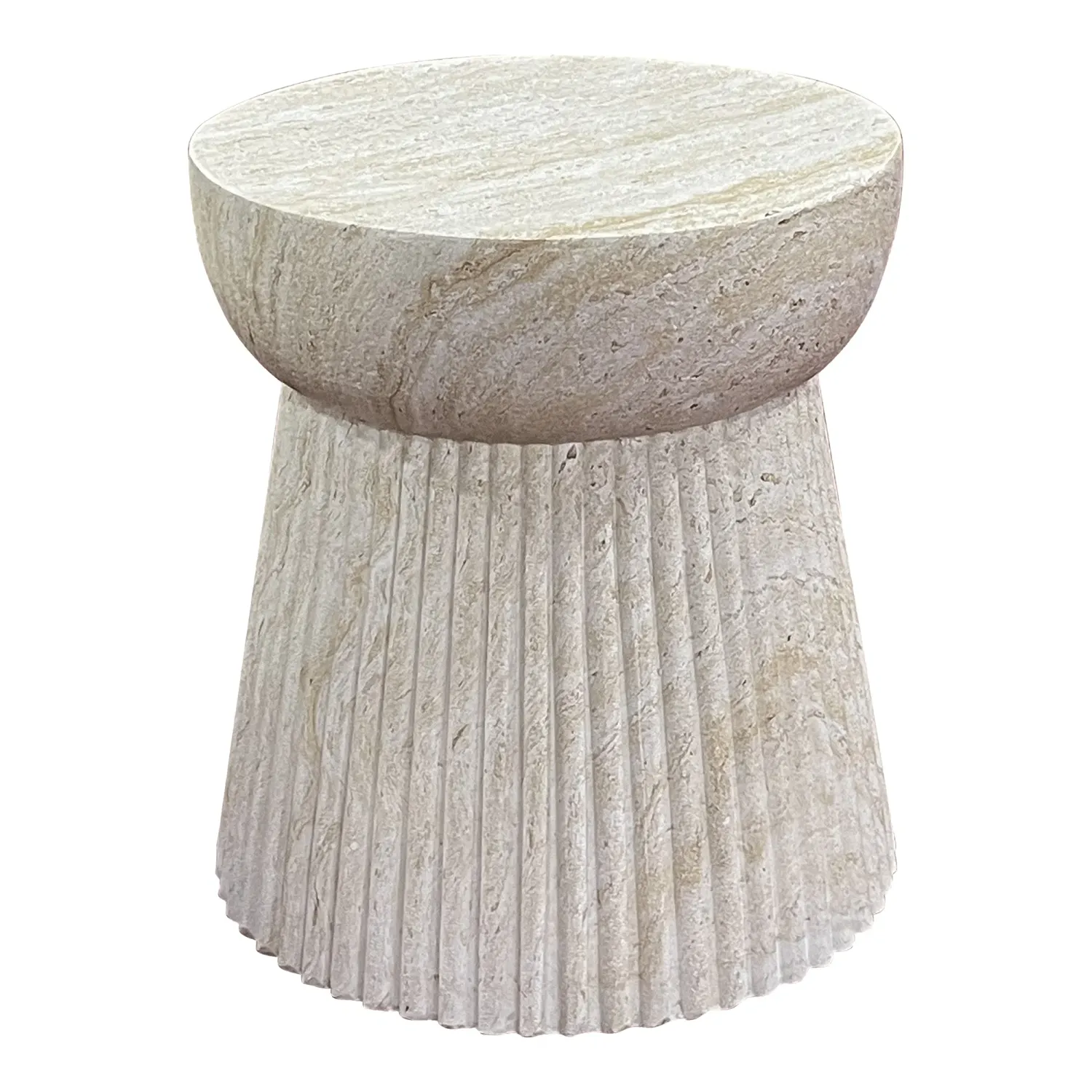 Runder Bonn Beistelltisch aus Fiberglas in Natur mit geriffelter Struktur, Ø37x43cm. Modernes Design für Schweizer Wohnträume