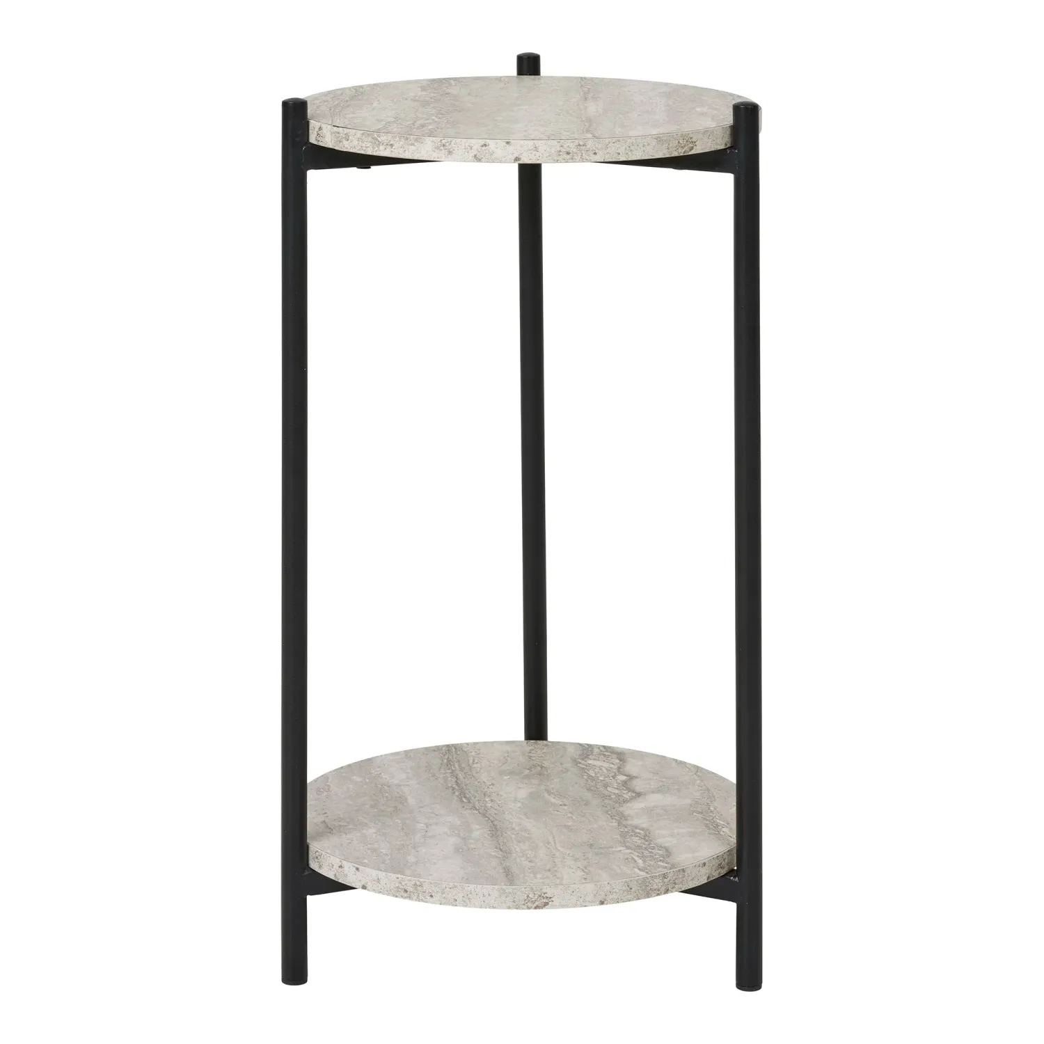 Leuven Beistelltisch Travertinoptik Schwarz/Beige 2 Ablagen Ø27x46 cm Runder Leuven Beistelltisch mit 2 Ablagen in Travertinoptik, schwarzen Beinen, Ø27x46cm. Moderner Schweizer Wohnstil.