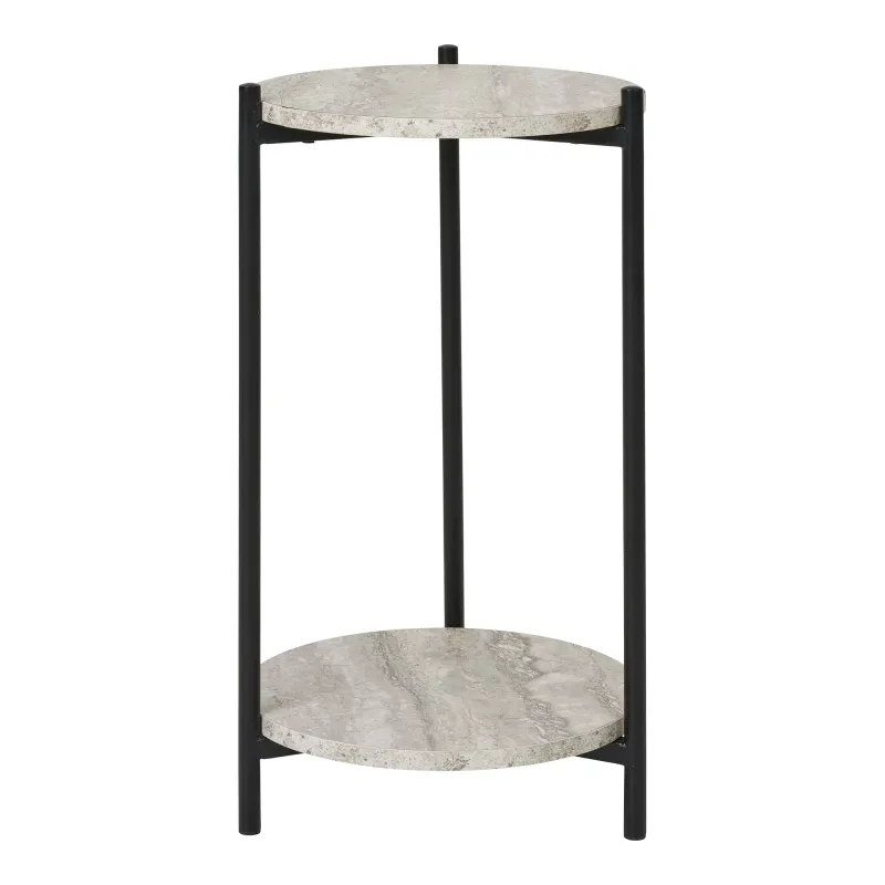 Leuven Beistelltisch Travertinoptik Schwarz/Beige 2 Ablagen Ø27x46 cm Runder Leuven Beistelltisch mit 2 Ablagen in Travertinoptik, schwarzen Beinen, Ø27x46cm. Moderner Schweizer Wohnstil.