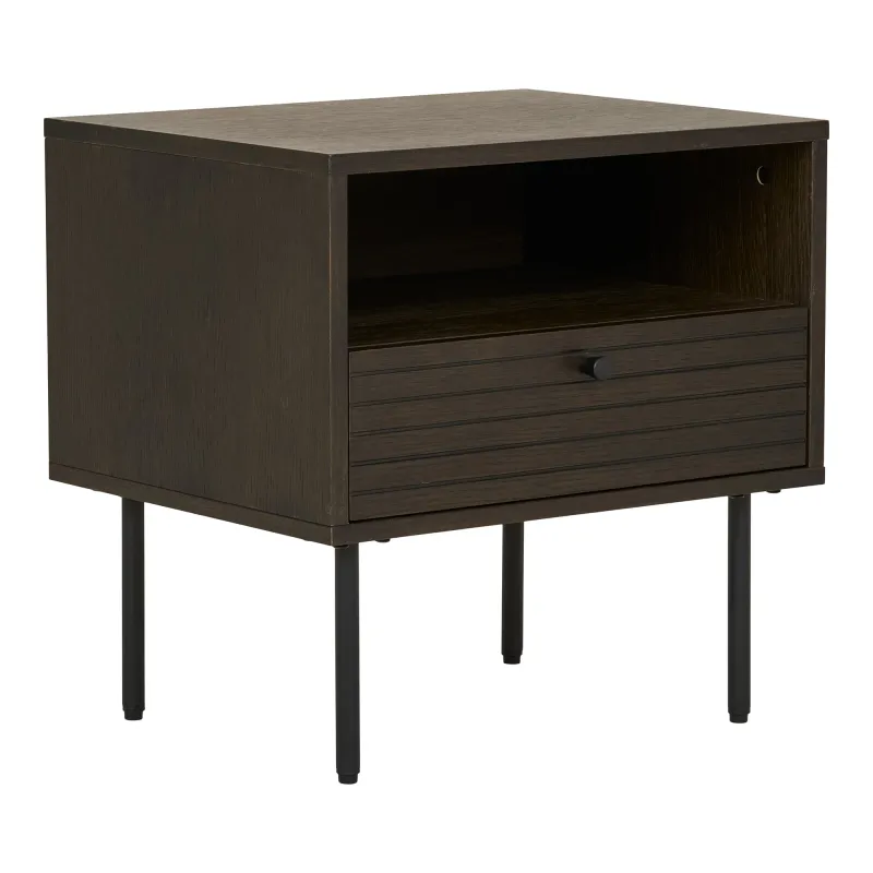 Kyoto Beistelltisch Nachttisch Eichenfurnier Geräuchert 1 Schublade 50x40x50 cm Geräucherter Kyoto Beistelltisch/Nachttisch mit 1 Schublade, Eichenfurnier, schwarze Metallbeine, 50x40x50cm.