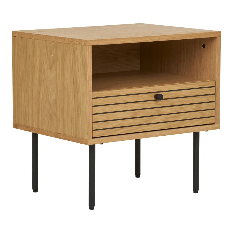 Kyoto Beistelltisch Eichenfurnier Natur 1 Schublade 50x40x50 cm Heller Kyoto Beistelltisch, 1 Schublade, Eichenfurnier, schwarze Metallbeine, 50x40x50cm. Modern.
