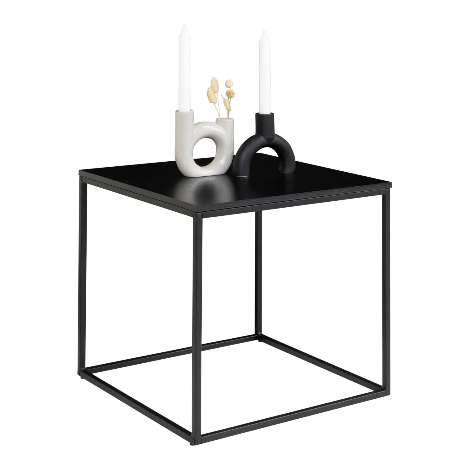 Quadratischer Vita Beistelltisch in Schwarz mit schwarzem Metallgestell, 45x45x45cm. Modernes Design für Schweizer Wohnräume.