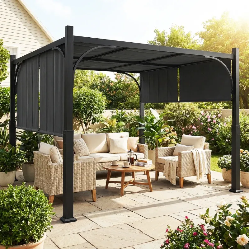 Gartenpergola, Pavillon 3x3m Schiebebaldachin Metall Dunkelgrau
