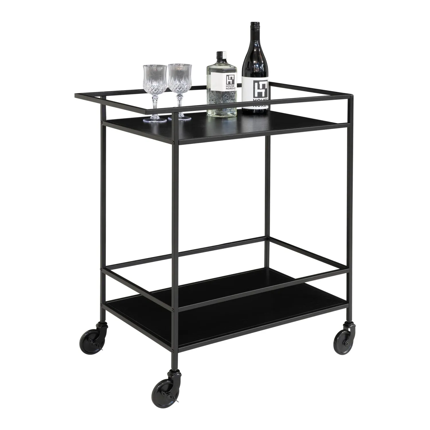 Schwarzer Vita Bar Trolley aus Stahl mit 2 Ablagen und Rollen, 68x40x79cm. Praktisch für Schweizer Haushalte.