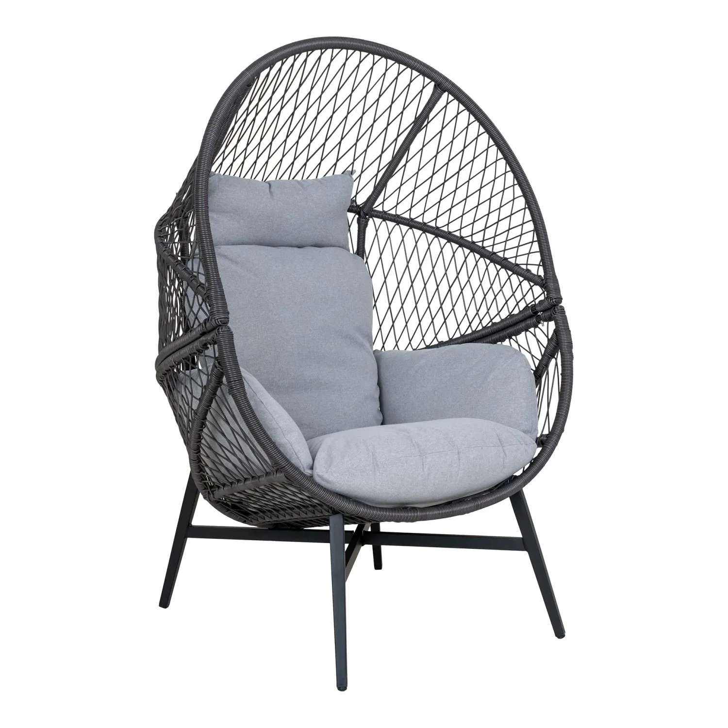 Rosario Rattan Lounge-Sessel, schwarz, Stahlgestell, inkl. Kissen. Komfortabel für Schweizer Aussenbereiche.
