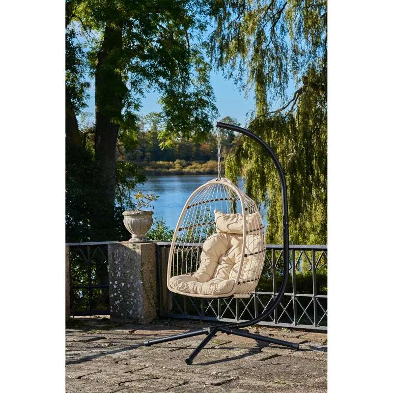 Patras Rattan-Hängesessel Stahlgestell Beige/Grau/Schwarz Inkl. Kissen
