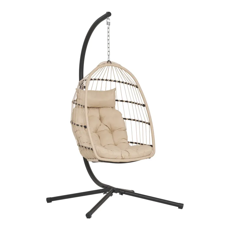 Patras Rattan-Hängesessel Stahlgestell Beige/Grau/Schwarz Inkl. Kissen Patras Rattan-Hängesessel, beige/grau/schwarz, Stahlgestell, inkl. Kissen. Komfortabel für Schweizer Aussenbereiche.