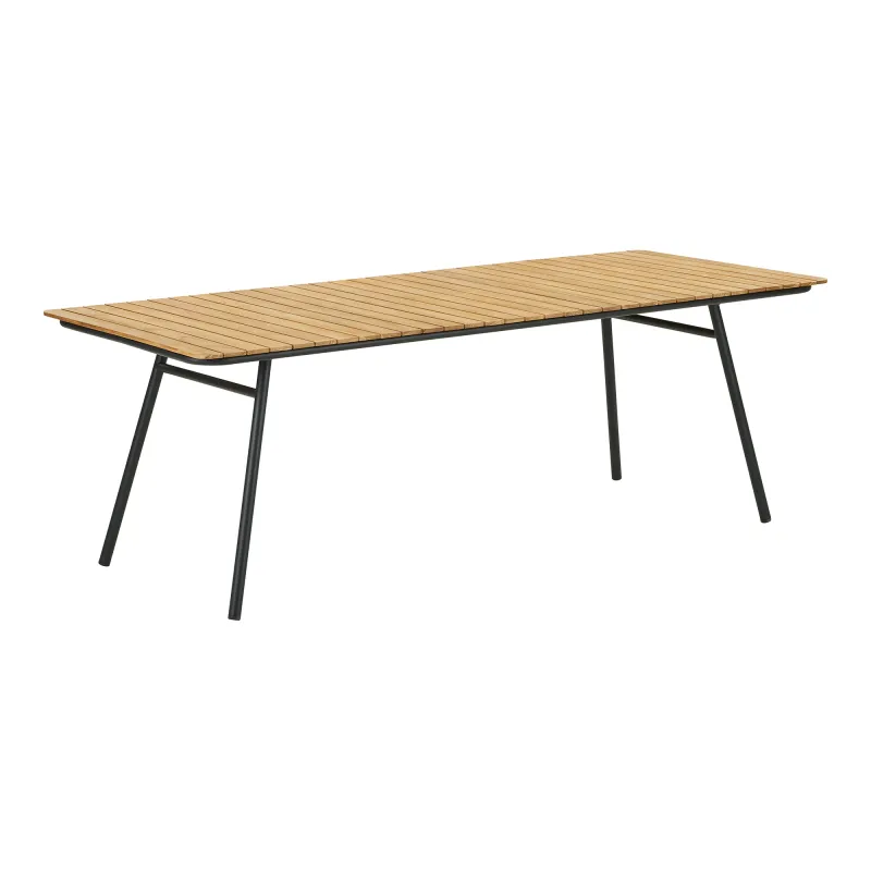 Cleveland Esstisch Teakholz Natur Schwarz Metall 90x220x74 cm FSC® Rechteckiger Cleveland Esstisch, Teakholzplatte, natur, schwarze Metallbeine, 90x220x74cm. Elegant für Schweizer Gärten.