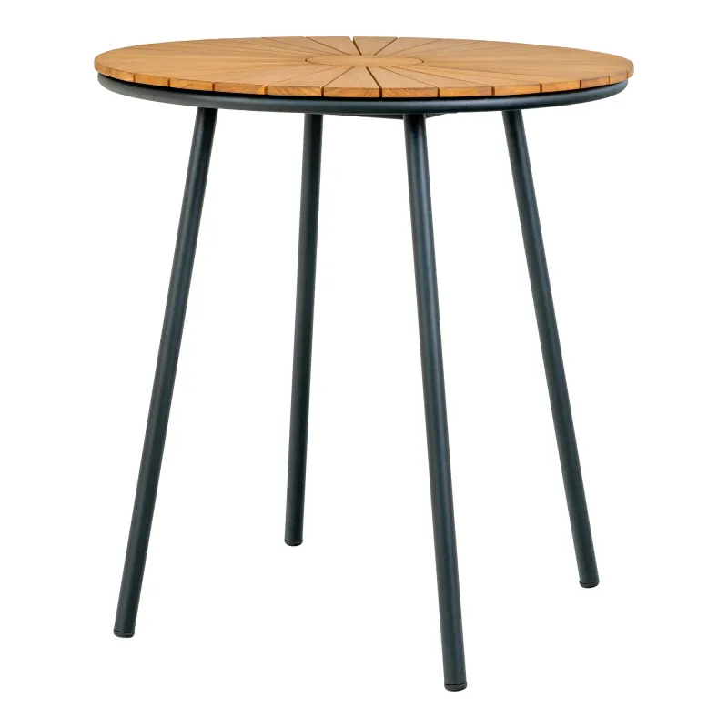 Cleveland Bistro Tisch Teakholz Natur Schwarz Metall Ø70x74 cm Runder Cleveland Bistro Tisch, Teakholzplatte, natur, schwarze Metallbeine, Ø70x74cm. Modern für Schweizer Gärten.