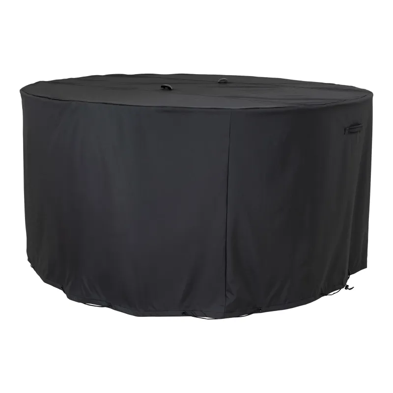 Luxushülle Abdeckung Runder Tisch 4 Stühle Polyester Schwarz Wasserabweisend Luxuriöse Abdeckung für runden Tisch (180cm) und 4 Stühle, schwarz, wasserabweisend. Schutz für Schweizer Gartenmöbel.