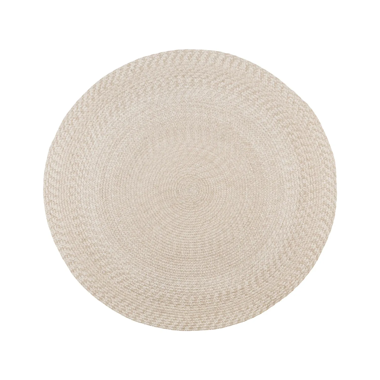 Menorca Teppich Rund Recycelter Kunststoff Sand Ø120 cm Innen Aussen Runder Menorca Teppich, sandfarben, recycelter Kunststoff, Ø120cm. Nachhaltig für Innen- & Aussenbereiche in der Schweiz.