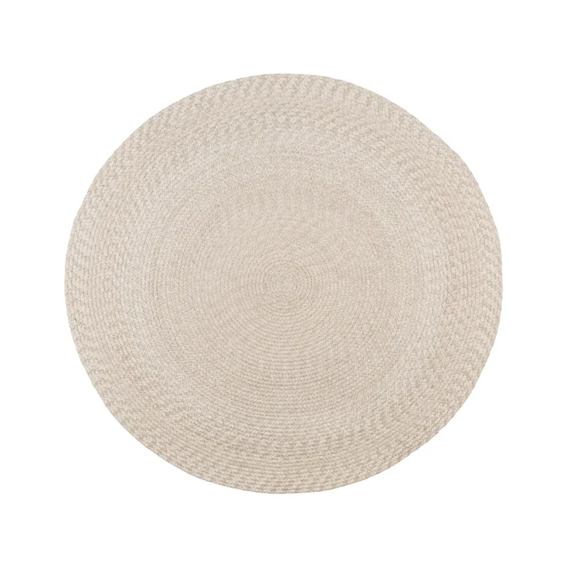 Menorca Teppich Rund Recycelter Kunststoff Sand Ø120 cm Innen Aussen Runder Menorca Teppich, sandfarben, recycelter Kunststoff, Ø120cm. Nachhaltig für Innen- & Aussenbereiche in der Schweiz.