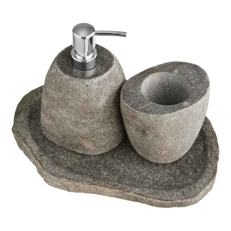 Gara Badezimmer-Set: Becher, Seifenspender, Tablett, Flussstein Naturstein Handgefertigt Gara Badezimmer-Set: Aufbewahrungsbecher, Seifenspender, Tablett, Flussstein, Naturstein. Einzigartig für Schweizer Badezimme