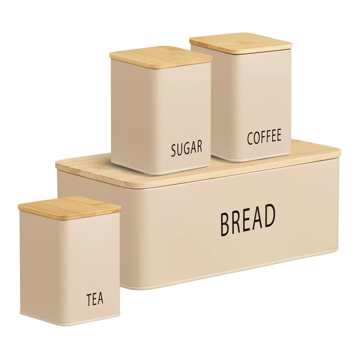 4er-Set Tula Brotkasten mit 3 Dosen, Metall/Bambus, beige. Praktisch für Schweizer Küchen.