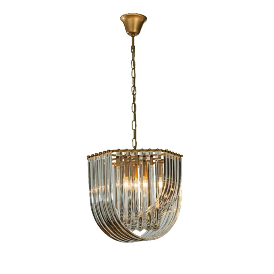 Kronleuchter Chelsea Gold Eisen & Glas 41 cm Kronleuchter Chelsea in Gold, 41cm. Luxuriöse Hängelampe mit Glasröhren für Schweizer Wohnräume.
