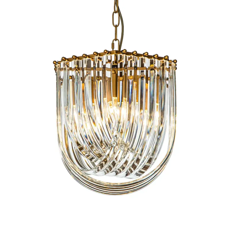 Kronleuchter Chelsea Gold Eisen & Glas 37 cm Kronleuchter Chelsea in Gold, 37cm. Luxuriöse Hängelampe mit Glasröhren für Schweizer Wohnräume.
