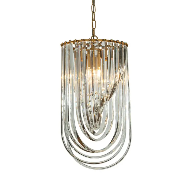 Kronleuchter Chelsea Gold Eisen & Glas 61 cm Kronleuchter Chelsea in Gold, 61cm. Elegante, lange Hängelampe mit Glasröhren für Schweizer Wohnräume.