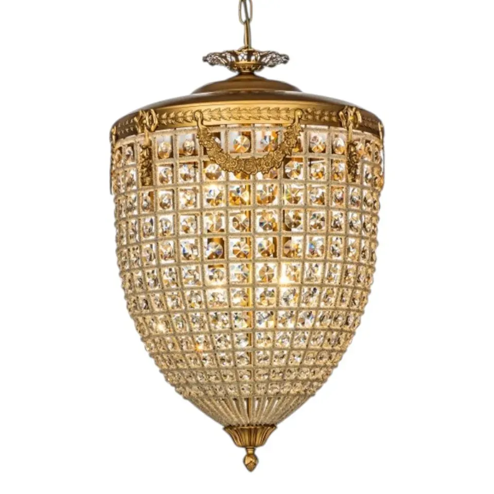 Kronleuchter Empire Gold Eisen & Glas 65 cm Kronleuchter Empire in Gold, 65cm. Antiker Kristallleuchter aus Eisen und Glas für exklusive Schweizer Wohnräume.