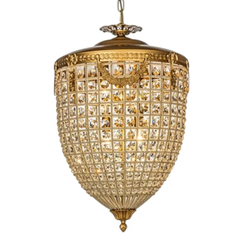 Kronleuchter Empire Gold Eisen & Glas 65 cm Kronleuchter Empire in Gold, 65cm. Antiker Kristallleuchter aus Eisen und Glas für exklusive Schweizer Wohnräume.
