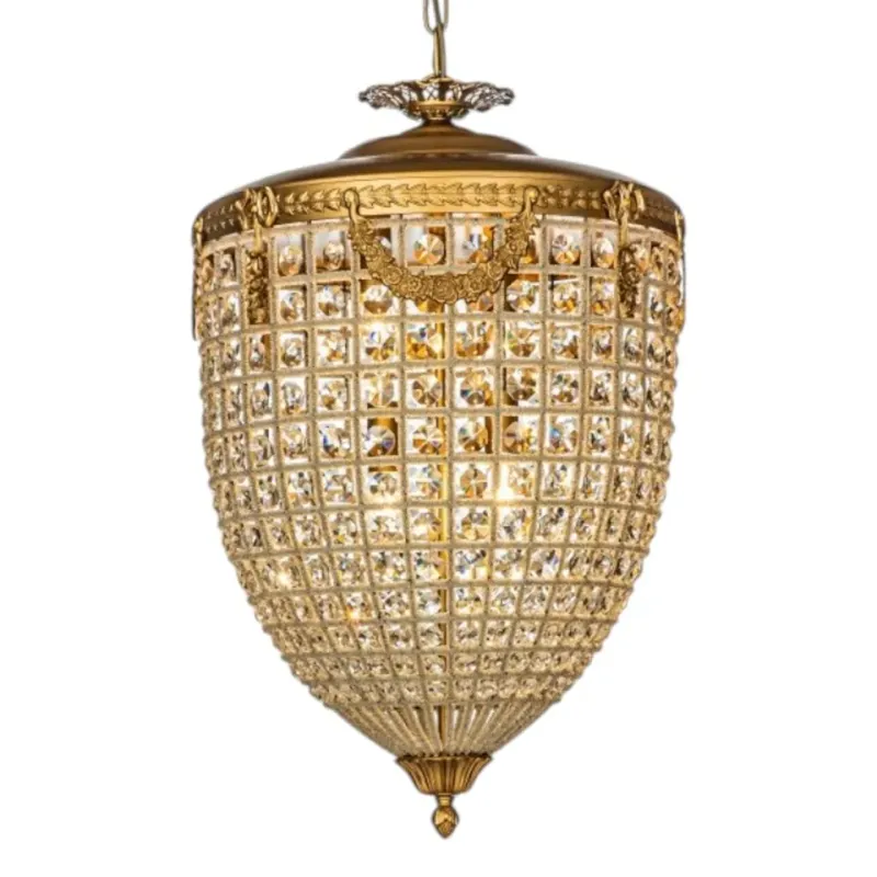 Kronleuchter Empire Gold Eisen & Glas 85 cm Kronleuchter Empire in Gold, 85cm. Antiker grosser Kristallleuchter aus Eisen und Glas für Schweizer Wohnräume.