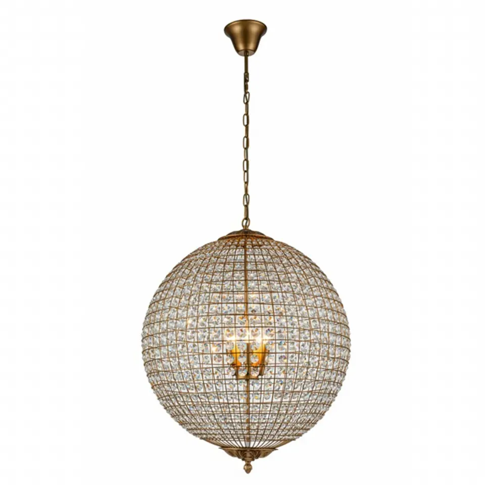 Kronleuchter Palazzo Gold Eisen & Glas 63 cm Kronleuchter Palazzo in Gold, 63cm. Eleganter runder Kristall-Kugelleuchter aus Eisen und Glas für Schweizer Räume.