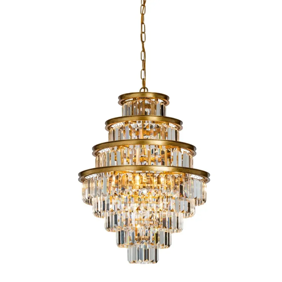 Kronleuchter Eliza Gold Eisen & Glas 50 cm Kronleuchter Eliza in Gold, 50cm. Eleganter mehrstufiger Kristallleuchter aus Eisen und Glas für Schweizer Räume.