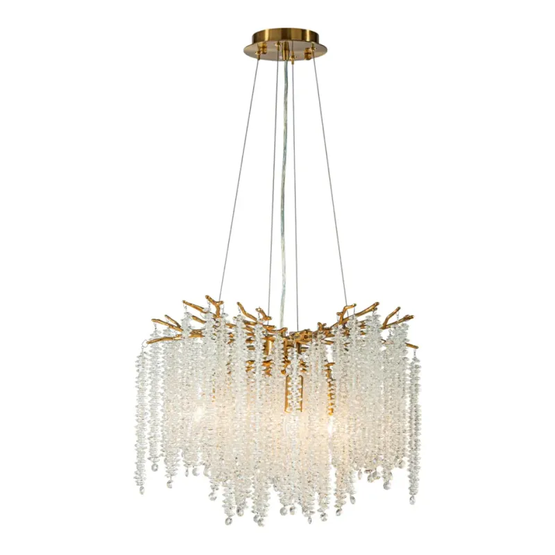 Kronleuchter Waterfall Gold Eisen & Glas 45 cm Kronleuchter Waterfall in Gold, 45cm. Eleganter Hängeleuchter mit Kristallketten für Schweizer Wohnräume.