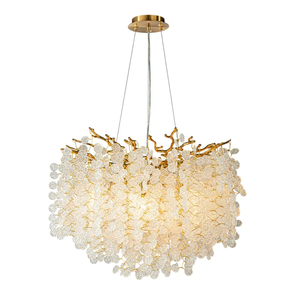 Kronleuchter Regentropfen in Gold, 60cm. Grosser Hängeleuchter mit runden Kristallen für Schweizer Wohnräume.