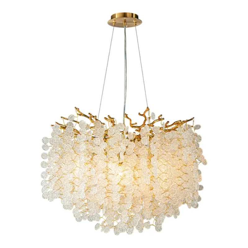 Kronleuchter Regentropfen Gold Eisen & Glas 60 cm Kronleuchter Regentropfen in Gold, 60cm. Grosser Hängeleuchter mit runden Kristallen für Schweizer Wohnräume.