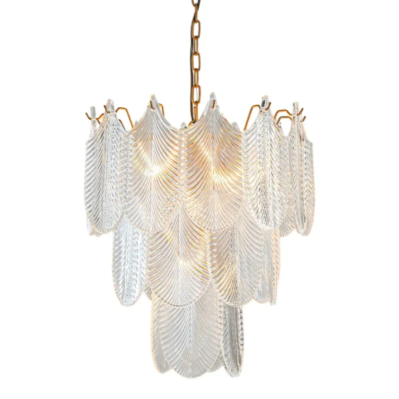 Kronleuchter Milano Gold Eisen & Glas 55 cm Kronleuchter Milano in Gold, 55cm. Eleganter Hängeleuchter mit blattförmigen Glaselementen für Schweizer Wohnräume.