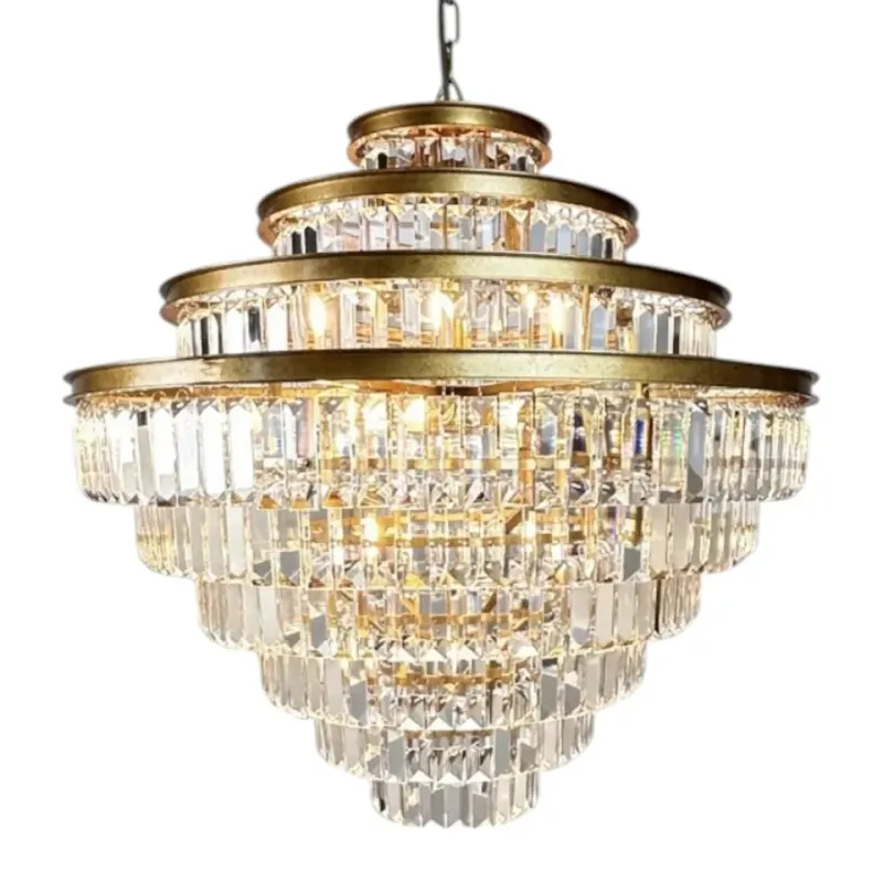Kronleuchter Eliza Gold Eisen & Glas 70 cm Kronleuchter Eliza in Gold, 70cm. Imposanter mehrstufiger Kristallleuchter aus Eisen und Glas für Schweizer Räume.
