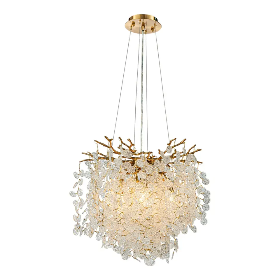 Tropfenförmiger Kronleuchter Gold Eisen & Glas 40 cm Tropfenförmiger Kronleuchter in Gold, 40cm. Elegante Hängelampe mit runden Kristallen für Schweizer Wohnräume.