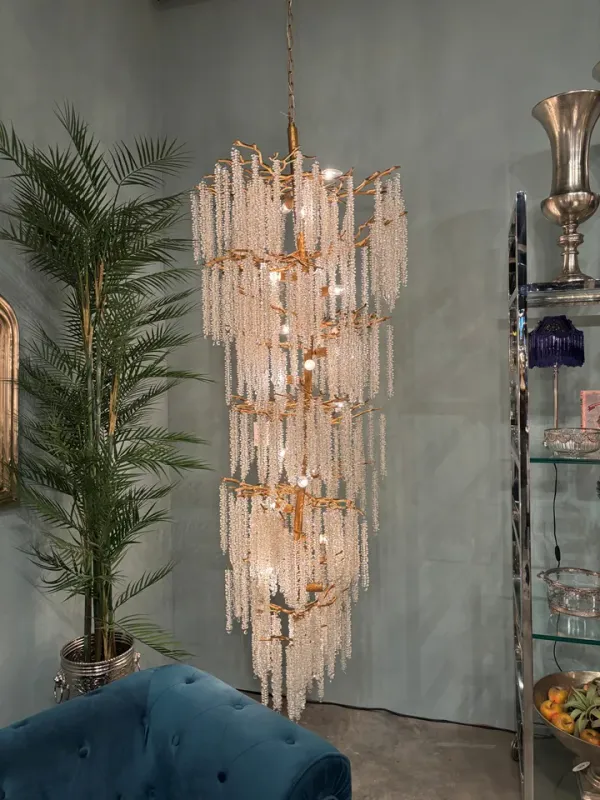 Kronleuchter Wasserfall Gold Eisen & Glas 200 cm