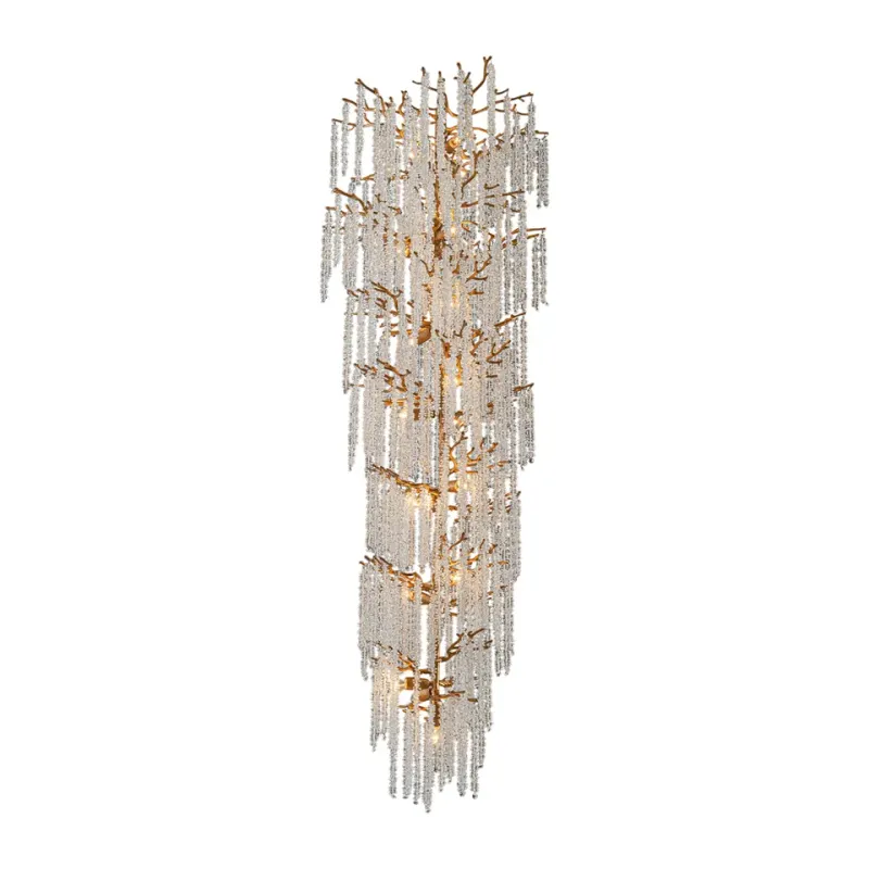 Kronleuchter Wasserfall Gold Eisen & Glas 200 cm Kronleuchter Wasserfall in Gold, 200cm. Monumentaler, hoher Kristall-Hängeleuchter für Schweizer Treppenhäuser.