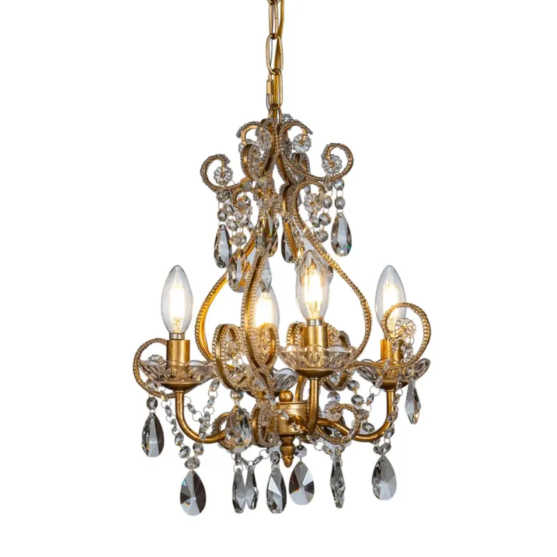 Kronleuchter Les Chateau Gold Eisen & Glas 45 cm Kronleuchter Les Chateau in Gold, 45cm. Kleiner antiker Kristallleuchter aus Eisen und Glas für Schweizer Wohnräume.