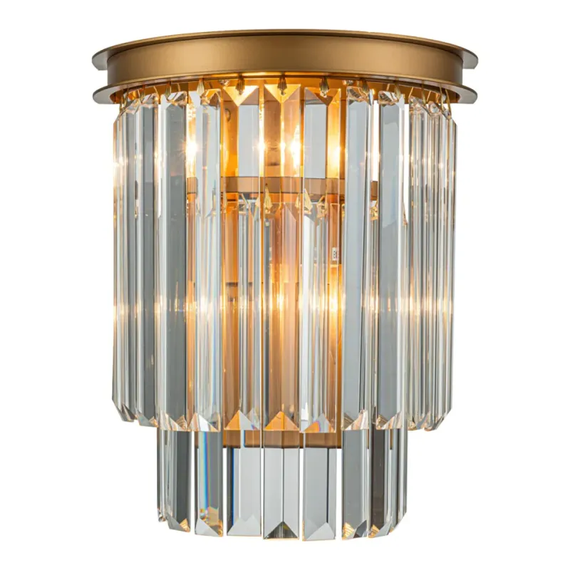 Wandleuchte Hilton Gold Eisen & Glas 30 cm Wandleuchte Hilton in Gold, 30cm. Luxuriöse Kristall-Wandlampe aus Eisen und Glas für Schweizer Wohnräume.