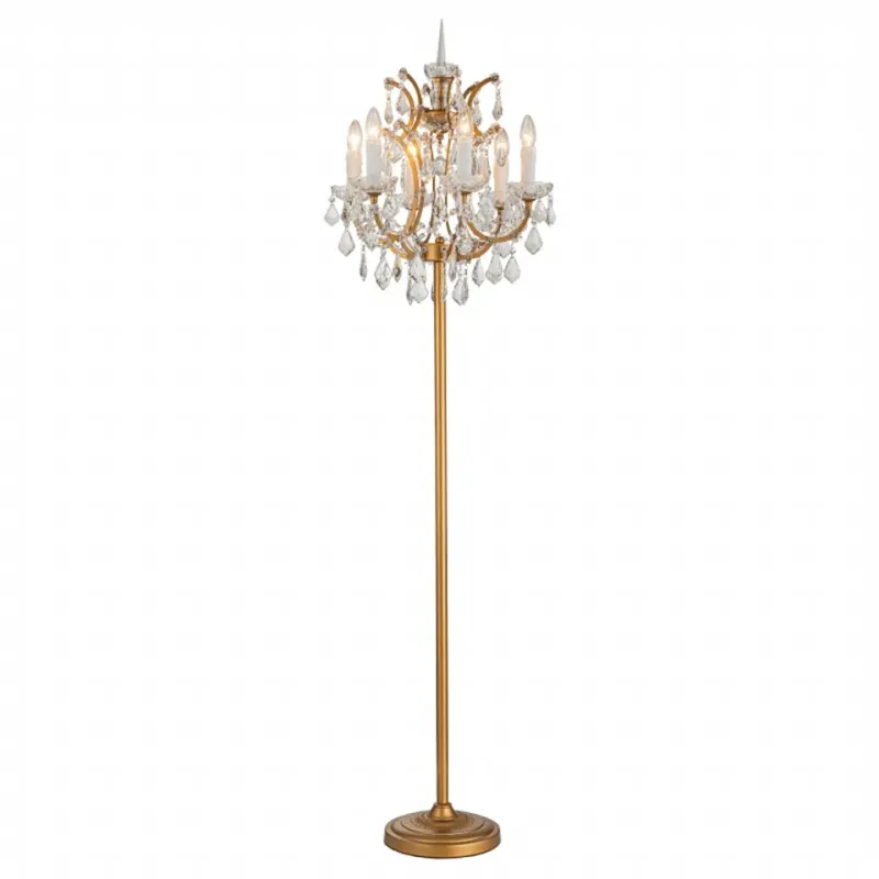 Stehleuchte Memphis Gold Eisen & Glas 175 cm Stehleuchte Memphis in Gold, 175cm. Klassischer Kristall-Kronleuchter als Stehlampe aus Eisen für Schweizer Wohnräume.