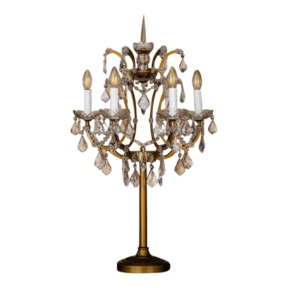 Tischleuchte Memphis Gold Eisen & Glas 85 cm Tischleuchte Memphis in Gold, 85cm. Klassischer barocker Kristall-Kronleuchter als Tischlampe für Schweizer Räume.