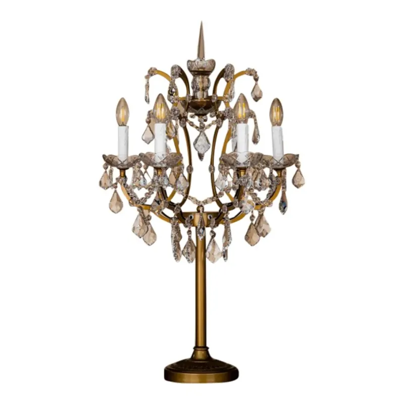 Tischleuchte Memphis Gold Eisen & Glas 85 cm Tischleuchte Memphis in Gold, 85cm. Klassischer barocker Kristall-Kronleuchter als Tischlampe für Schweizer Räume.