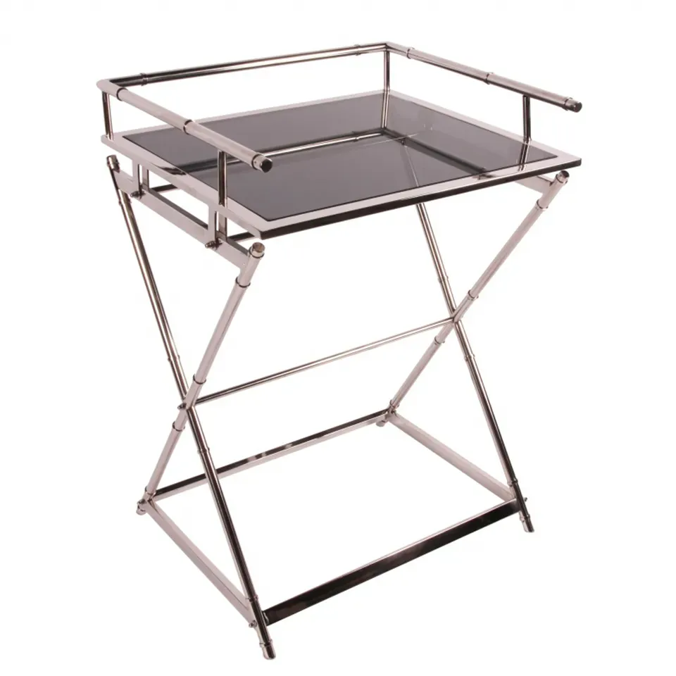 Eleganter Serviertisch, Butler-Tablett-Tisch Silber Glas Stahl 85x60x50 cm Butler-Tablett-Tisch, Edelstahl und Rauchglas, silber, 85x60x50cm. Stilvoller Serviertisch für Schweizer Zuhause.