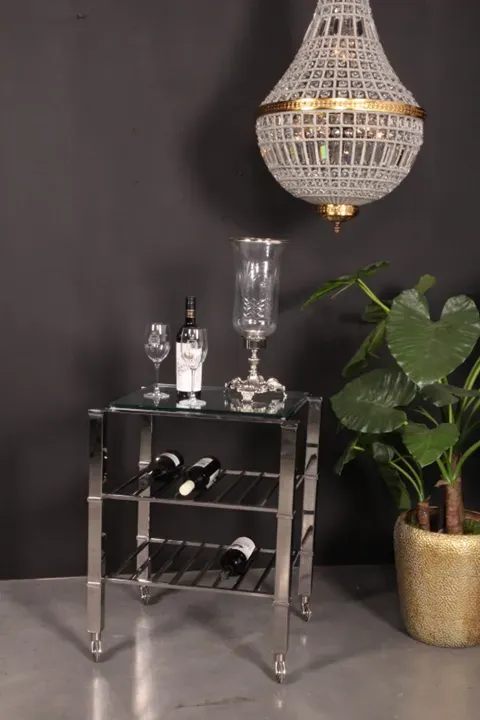 Barwagen, Servierwagen mit Weinregal Silber Glas Stahl 75x60x50 cm