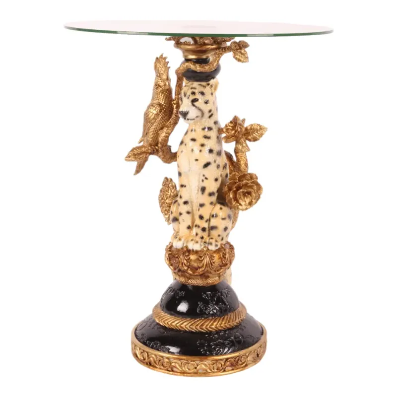 Beistelltisch Leopard Kunstharz Braun Gold ø40 cm Beistelltisch Leopard, Kunstharz und Glas, braun und gold, 51.5x40x40cm. Exotischer Beistelltisch für Schweizer Zuhause.