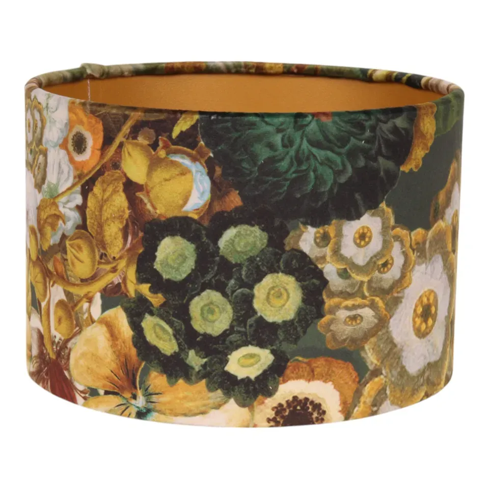 Bentley Lampenschirm Blumenmuster Gold Samt Ø20 cm Bentley Lampenschirm, Samtstoff, Blumenmuster gold, ø20cm. Exklusiver Zylinder-Lampenschirm für Schweizer Zuhause.