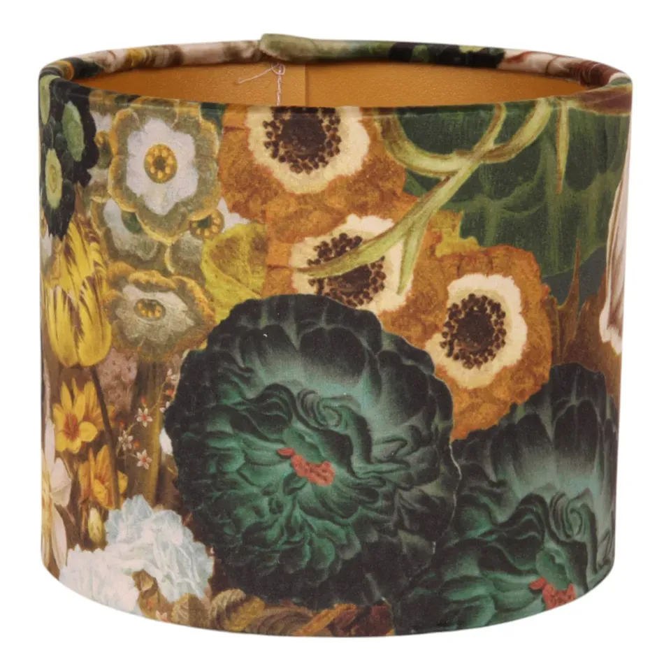 Bentley Lampenschirm Blumenmuster Gold Samt Ø20 cm Bentley Lampenschirm, Samtstoff, Blumenmuster gold, ø20cm. Exklusiver Zylinder-Lampenschirm für Schweizer Zuhause.