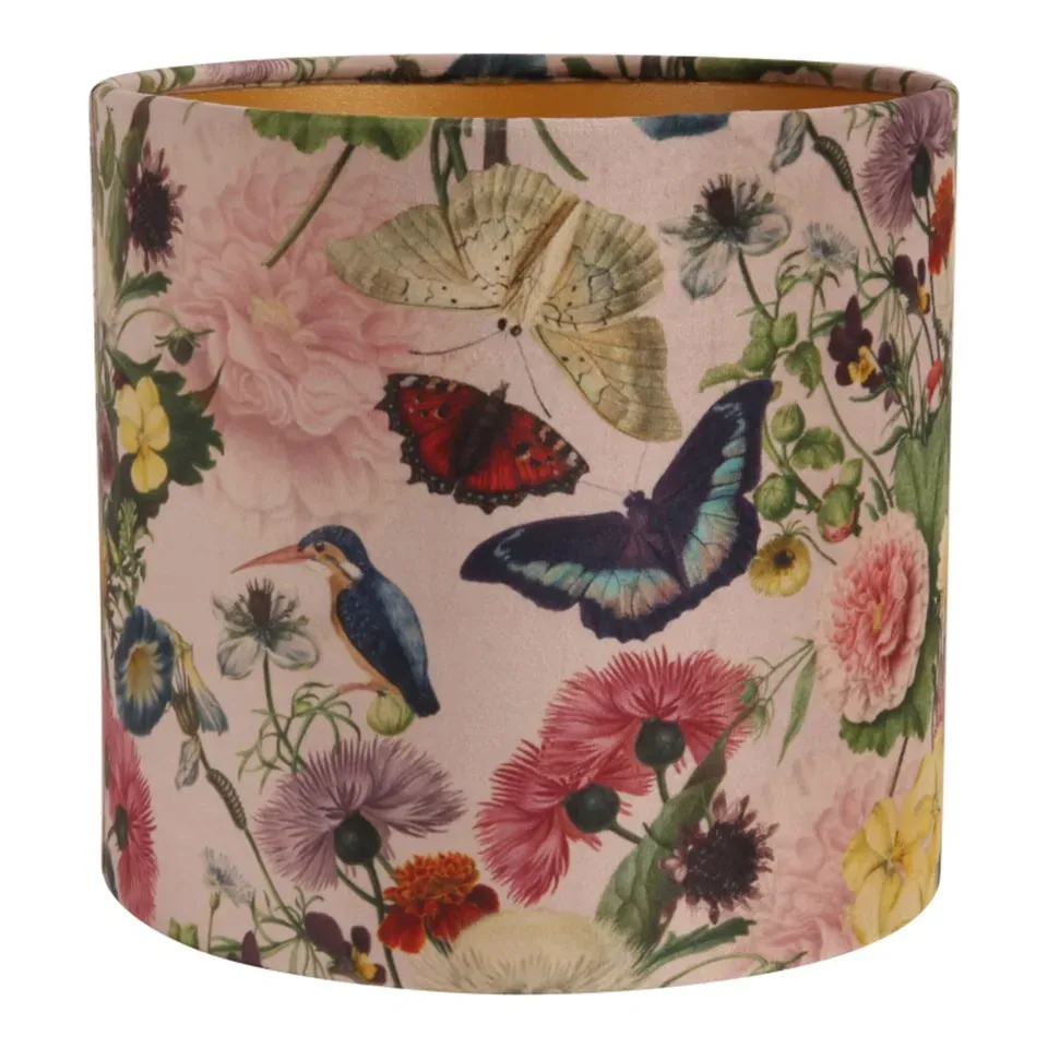Bentley Lampenschirm Zylinder Botanisch Rosa Samt Ø20 cm Bentley Lampenschirm, Samtstoff, botanischer Druck rosa, ø20cm. Romantischer Zylinder-Lampenschirm für Schweizer Zuhause.